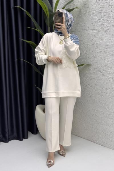 Rose İkili Takım Tesettür Giyim Ekru