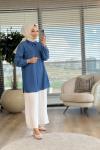 7175 Omuzları Boncuklu Tencel Tunik Lacivert