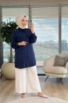 7175 Omuzları Boncuklu Tencel Tunik Koyu Lacivert